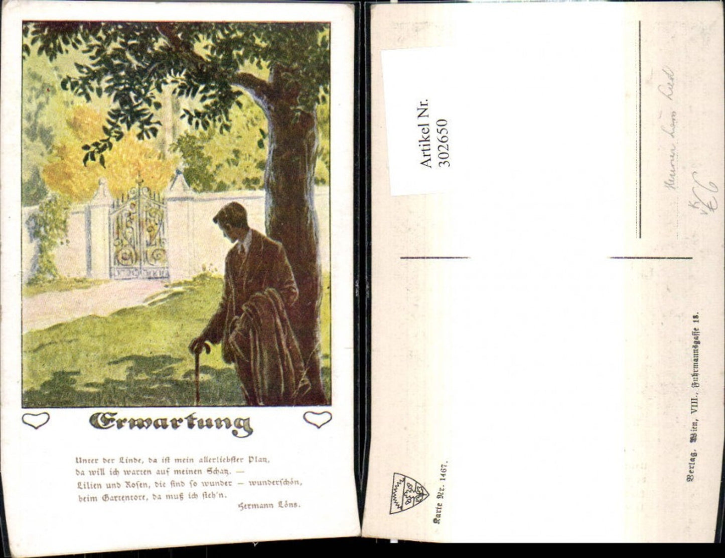 302650,Deutscher Schulverein 1467 E. Kutzer Erwartung Mann m. Gehstock b. Baum Tor Hermann Löns Lied