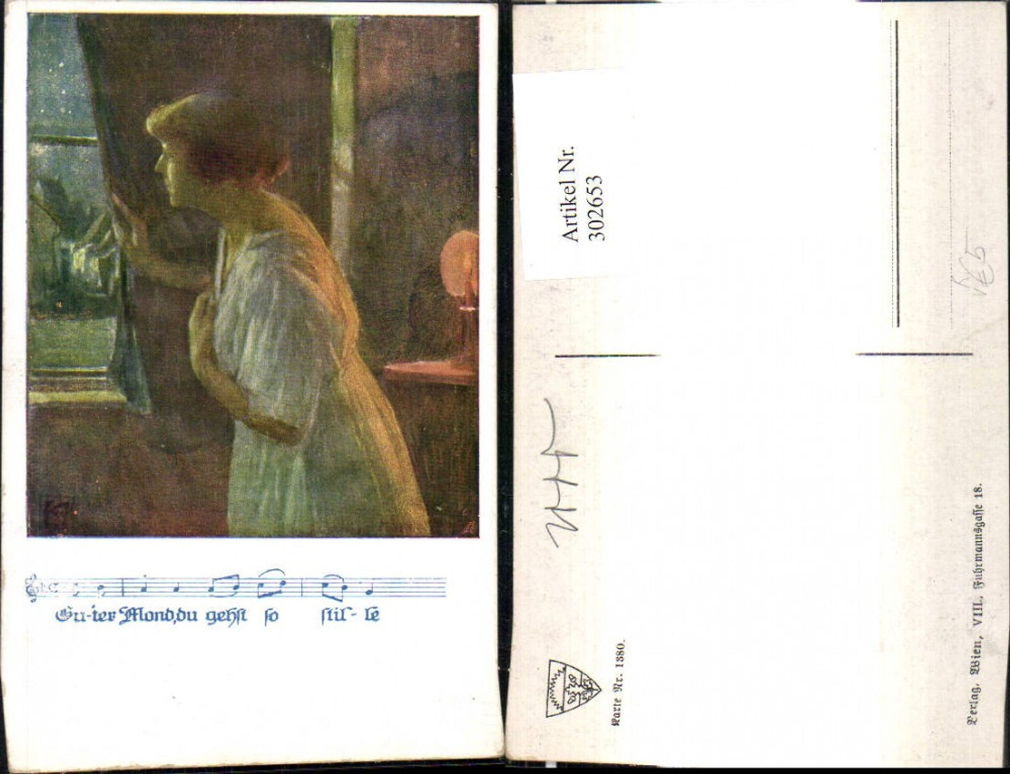 302653,Deutscher Schulverein 1380 Künstler Frau a. Fenster Notenzeile Guter Mond du gehst so stille