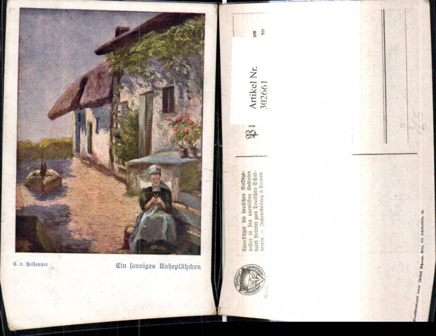 302661,Deutscher Schulverein 1214 Künstler Baronnin v. Possanner Ein sonniges Ruheplätzchen Frau strickt v. Haus