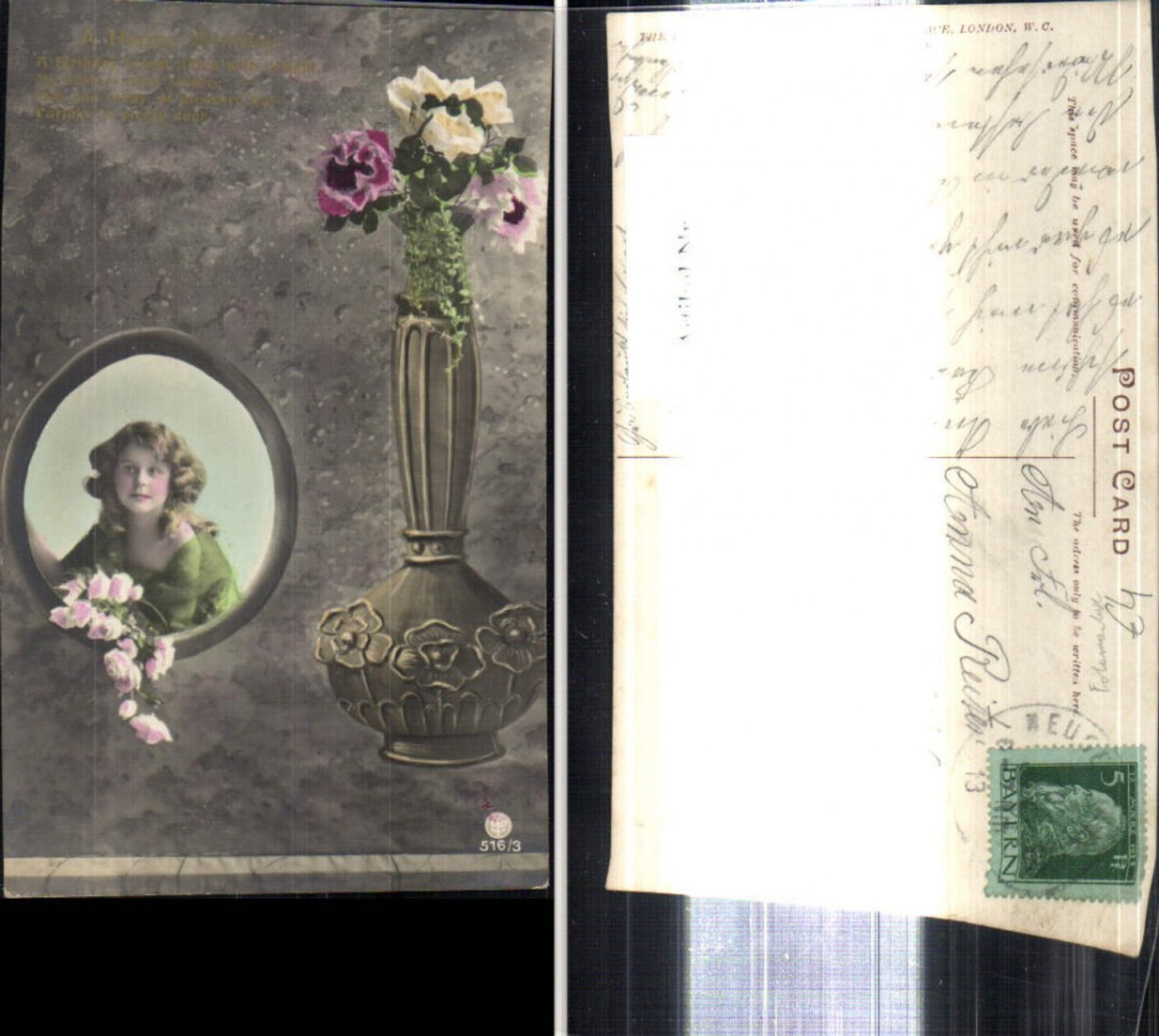 302930,Fotomontage Kind Mädchen Lockenkopf m. Rosen Blumen Vase A Happy Birthday Geburtstag Text Spruch