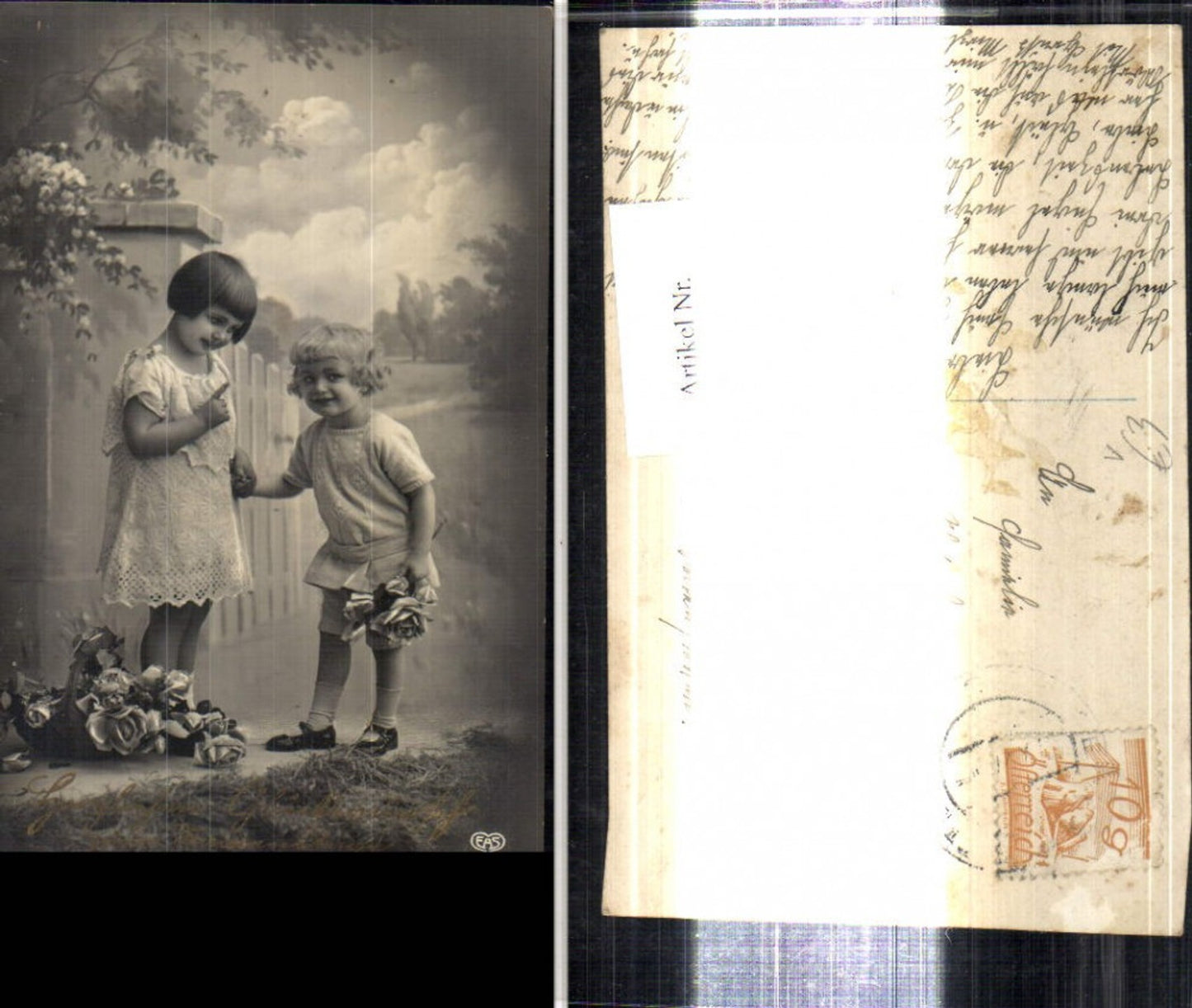 302932,Kinder m. Rosen v. Zaun Blumen Namenstag pub EAS 7236/5