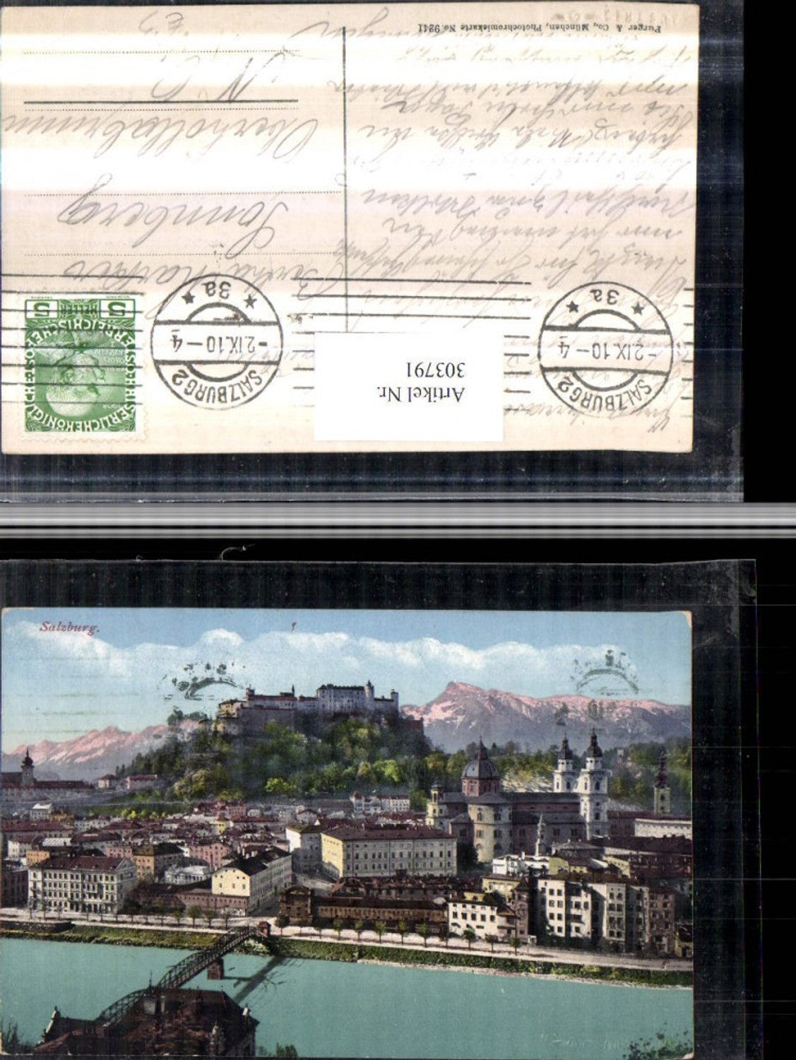 303791,Salzburg Teilansicht Brücke Kirche Festung Bergkulisse pub Purger & Co 9241