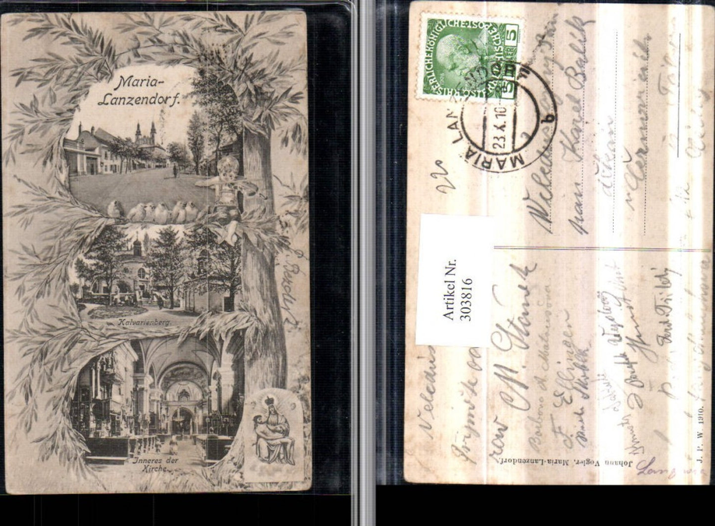 303816,Maria Lanzendorf Straßenansicht Kirche Innenansicht Kalvarienberg Mehrbildkarte Kind Geige