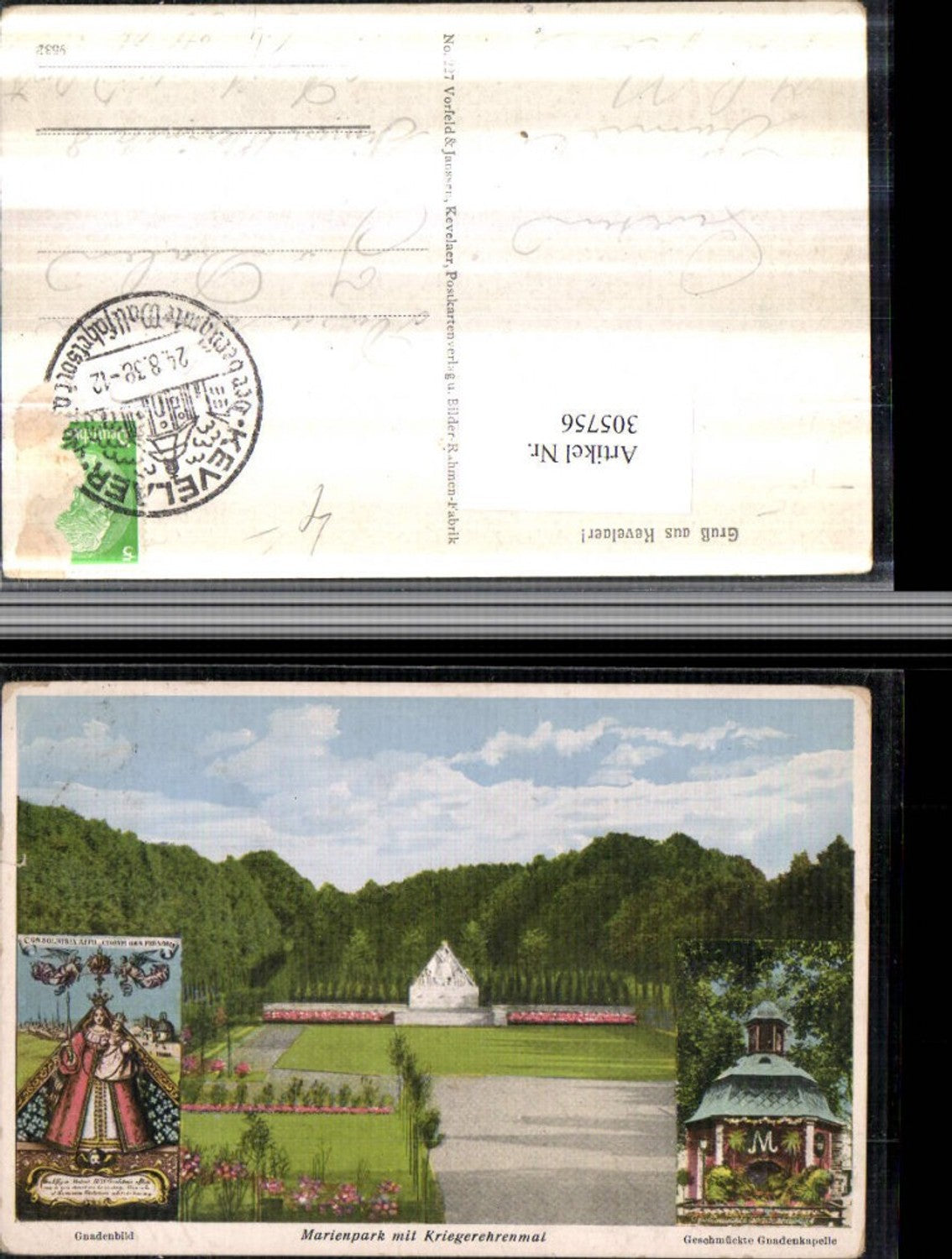 305756,Gruß aus Kevelaer Marienpark m. Kriegerehrenmal Gnadenbild Gnadenkapelle Mehrbildkarte