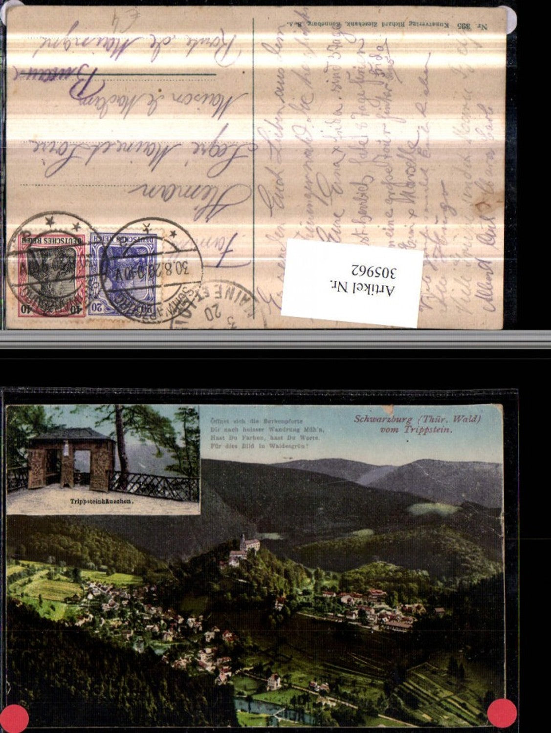 305962, Schwarzburg Total view from Trippstein Trippstein cottage Multi-view postcard