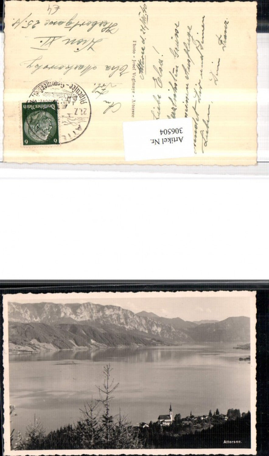 306504,Attersee Teilansicht Kirche Bergkulisse