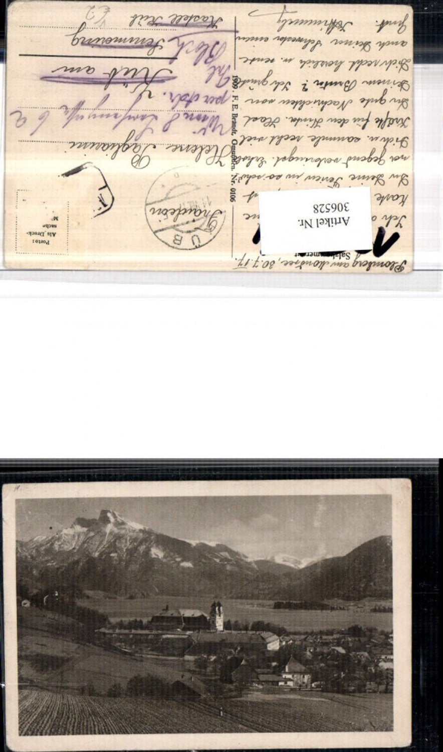 306528,Mondsee Teilansicht m. Kloster geg. Schafberg Bergkulisse pub F. E. Brandt 0106
