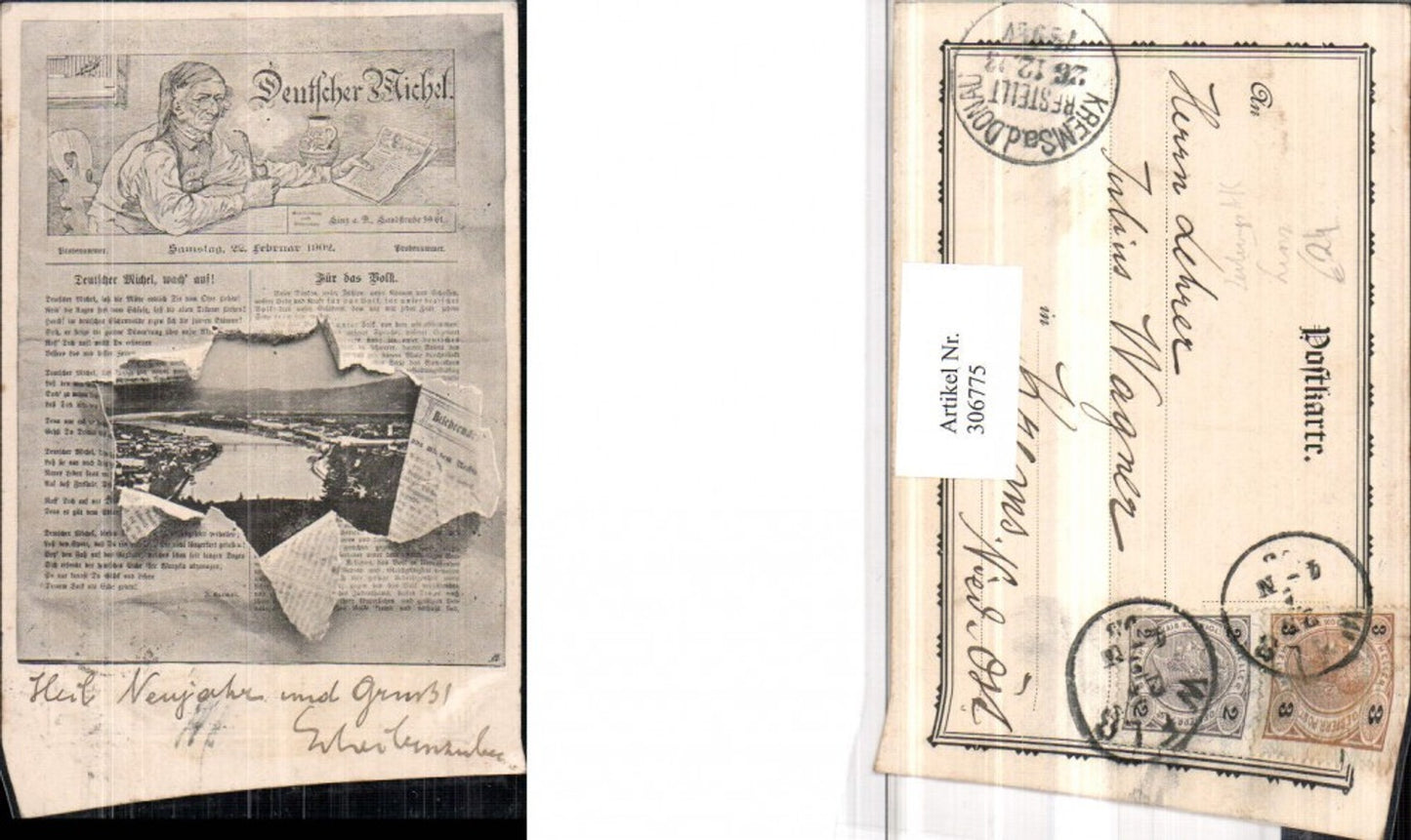 306775,Zeitung AK Februar 1902 Linz an d. Donau Totale Deutscher Michel Text