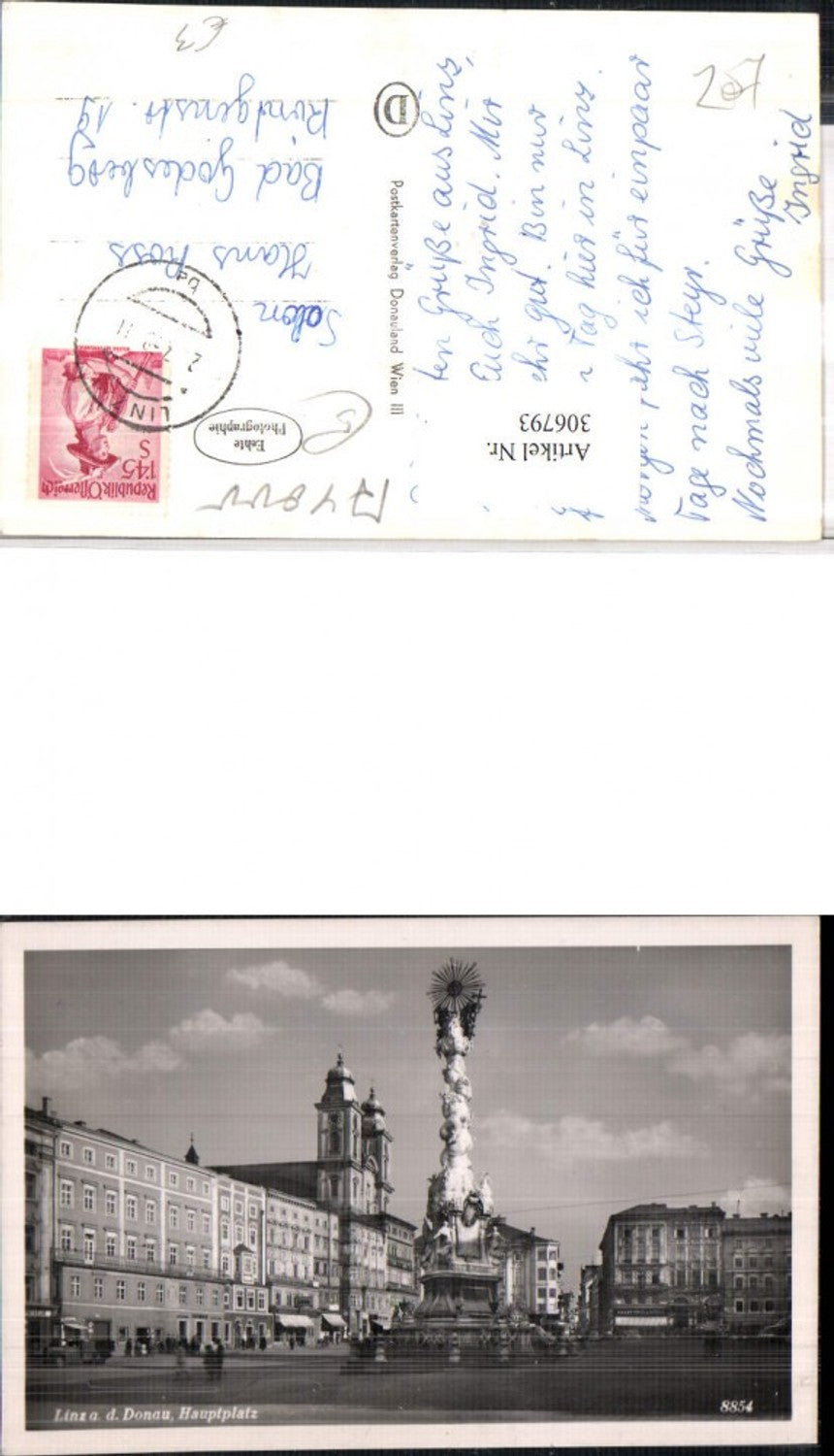 306793,Linz an d. Donau Hauptplatz Dreifaltigkeitssäule Geschäfte Kirche