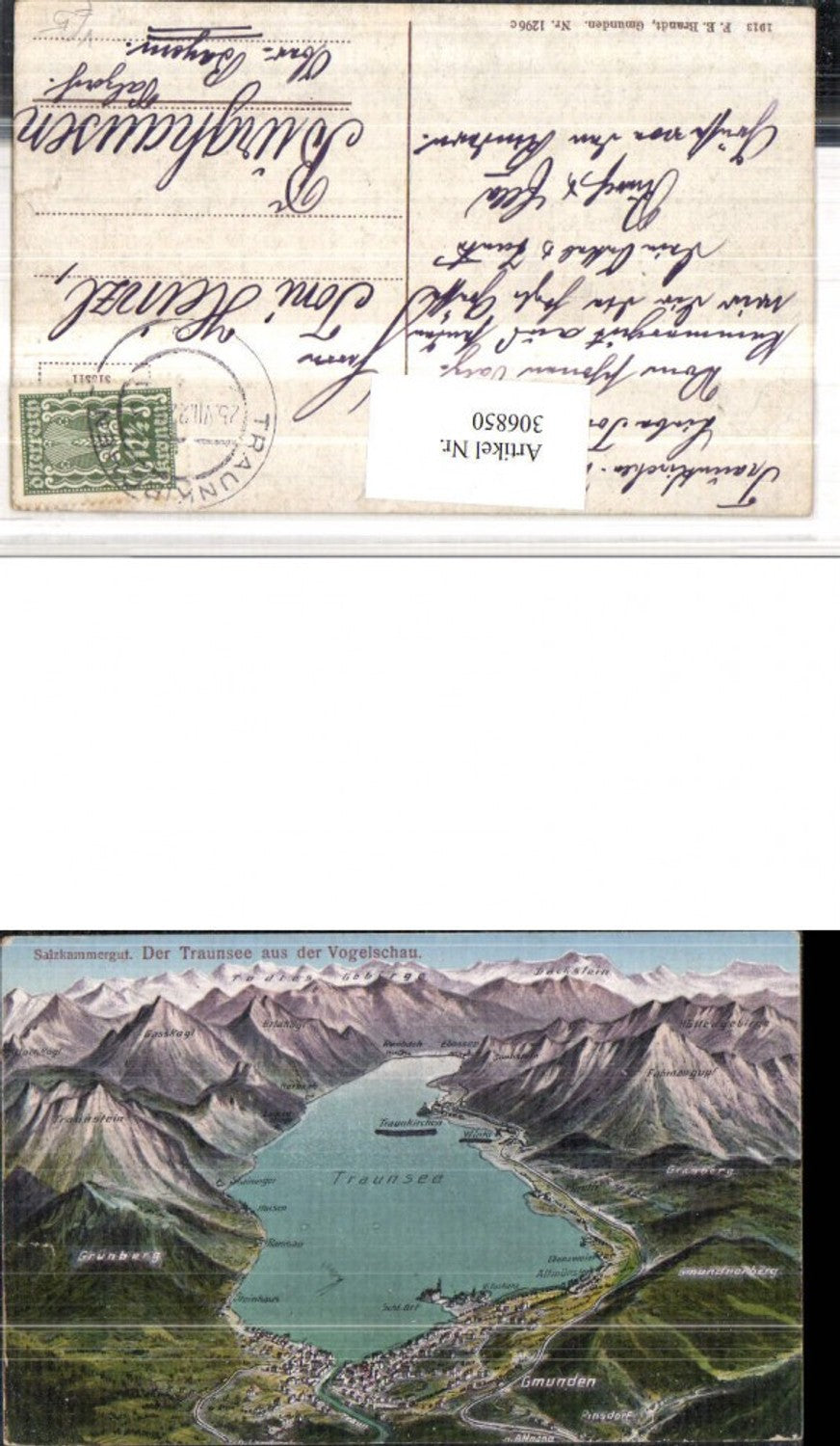 306850,Traunsee aus d. Vogelschau Gmunden Winkl Traunkirchen pub F. E. Brandt 1296c