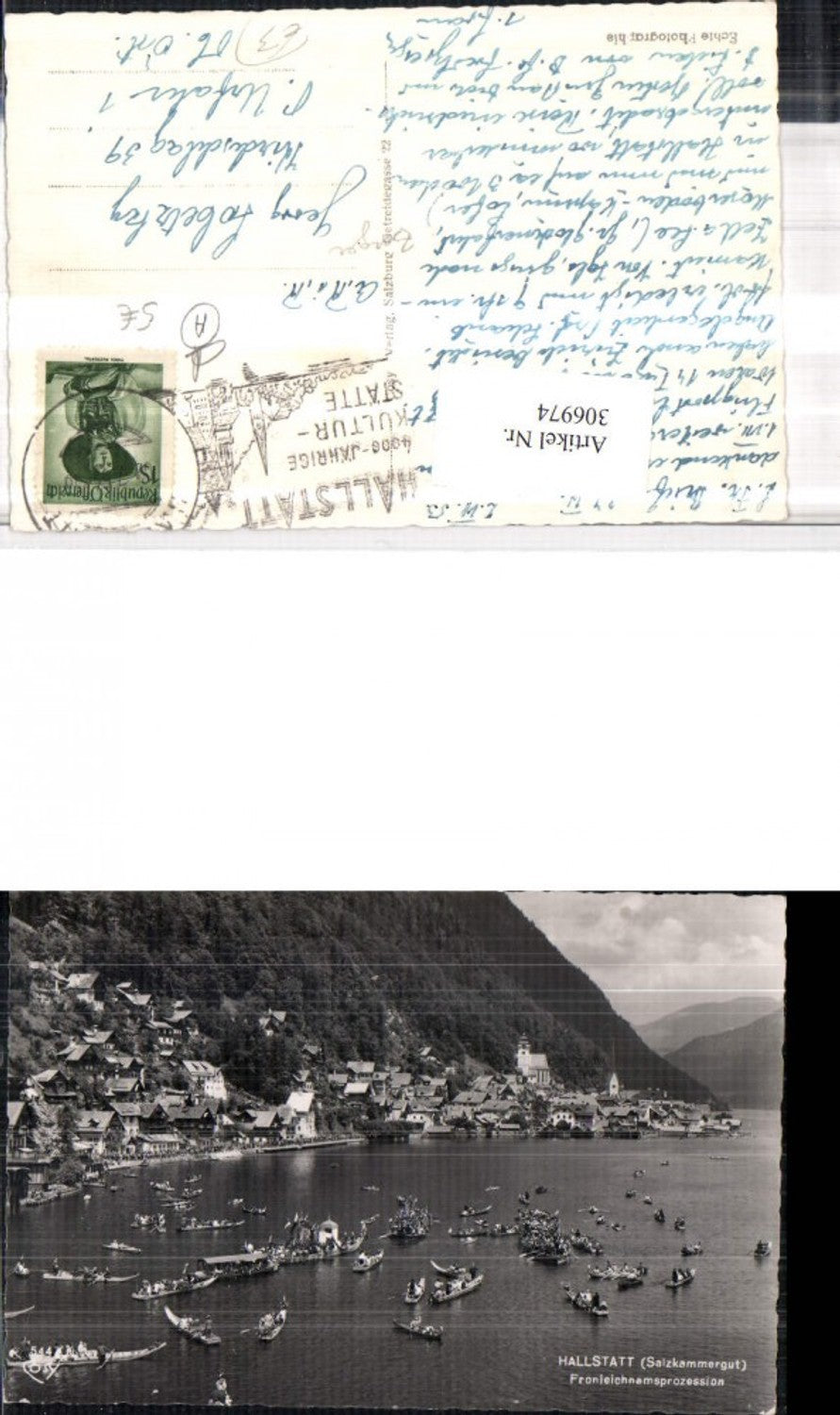 306974,Hallstatt Totale Fronleichnamsprozession geschmückte Boote