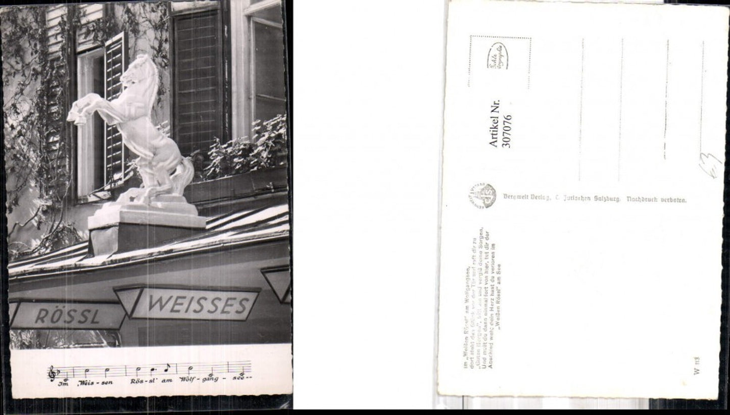 307076,St. Wolfgang Weißes Rössl Pferdeskulptur Detailansicht Liedzeile