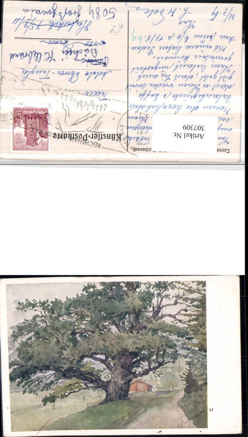 307309,Künstler AK Alex Fischer Schneedörfl b. Reichenau Tausendjährige Eiche Baum