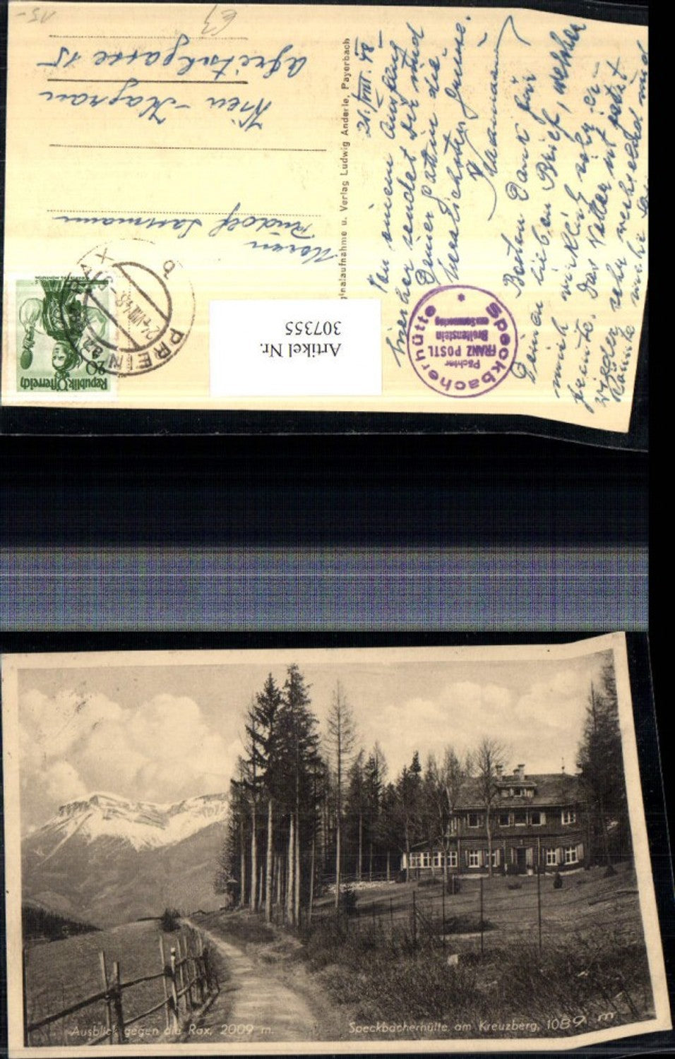 307355,Speckbacherhütte Berghütte am Kreuzberg b. Breitenstein geg. Rax Bergkulisse