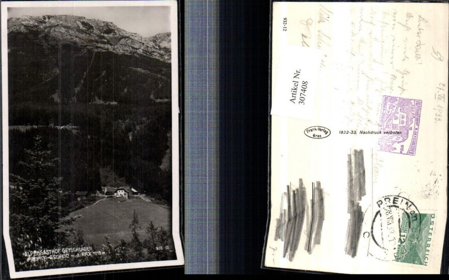307408,Preiner-Gscheid Alpengasthof Geyschläger b. Prein m. Rax Bergkulisse