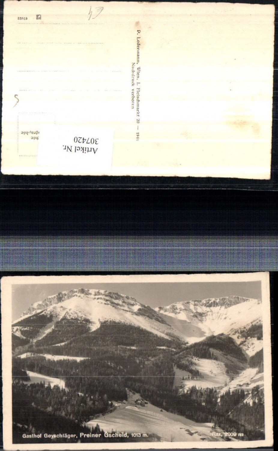 307420,Preiner Gscheid Gasthof Geyschläger b. Prein geg. Rax Bergkulisse Winterbild