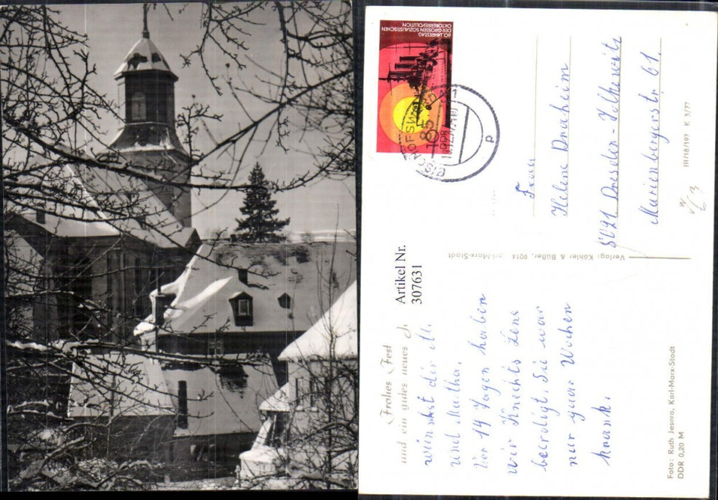 307631,Fotokunst Neujahr Kirche Häuser Baumzweige Winterbild pub Köhler & Büßer Karl-Marx-Stadt
