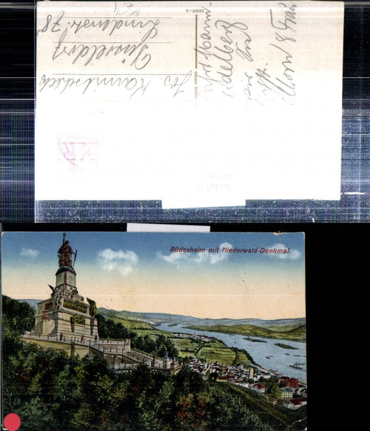 307981,Rüdesheim Totale m. Niederwald-Denkmal Bahnpost Zug 128 Köln – Frankfurt Main