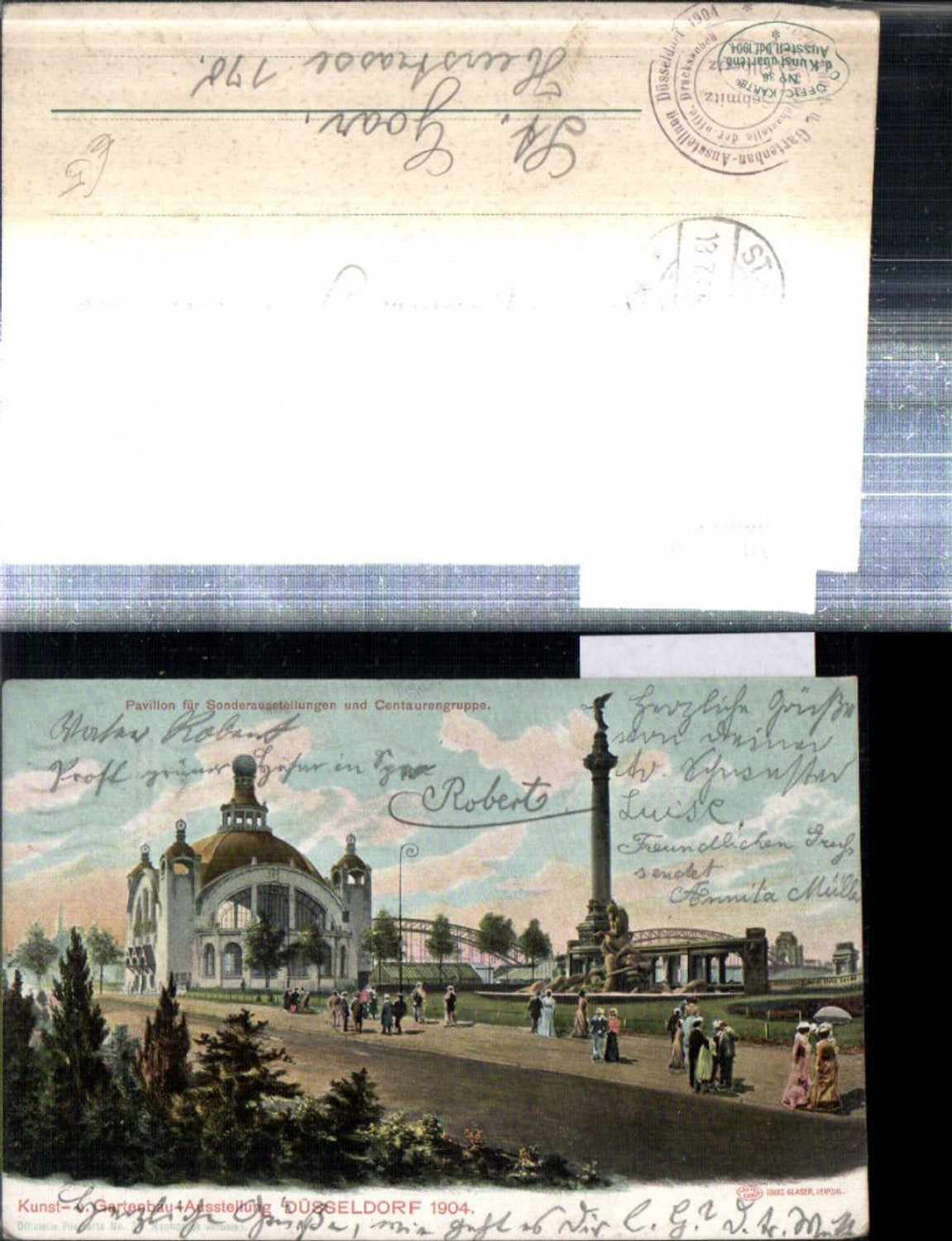 308044,Düsseldorf Kunst- u. Gartenbauausstellung 1904 Pavillon Centaurengruppe Säule Brücke
