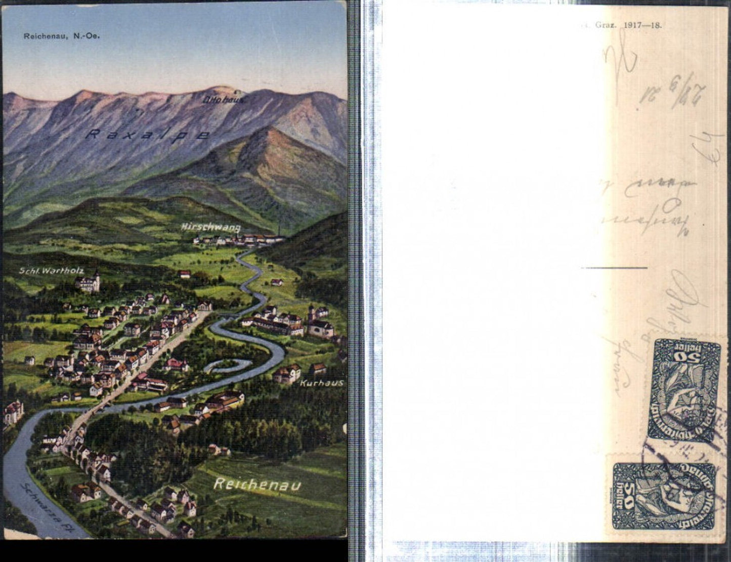 308983,Reichenau an d. Rax Totale m. Hirschwang geg. Raxalpe Bergkulisse