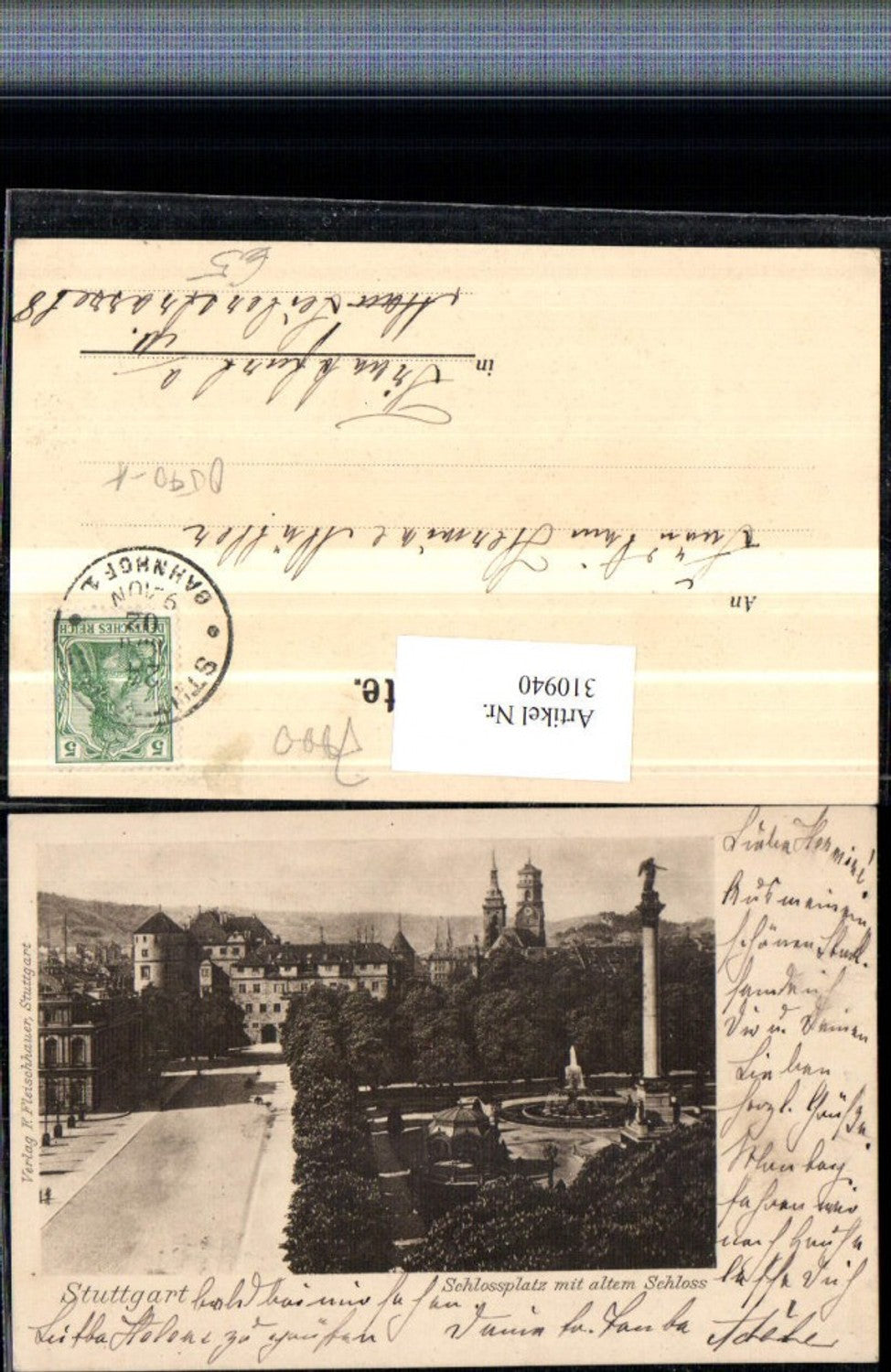 310940,Stuttgart Schlossplatz m. Altem Schloss Säule Brunnen