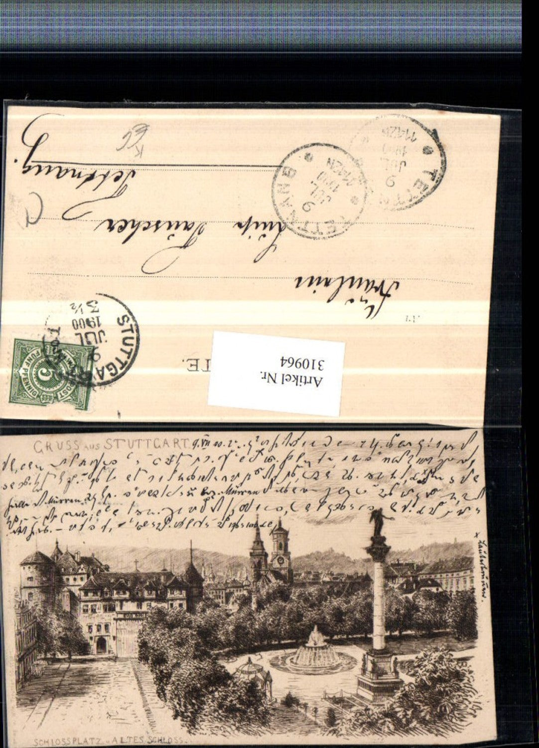 310964,Künstler AK Stuttgart Schlossplatz m. Altem Schloss Säule Brunnen