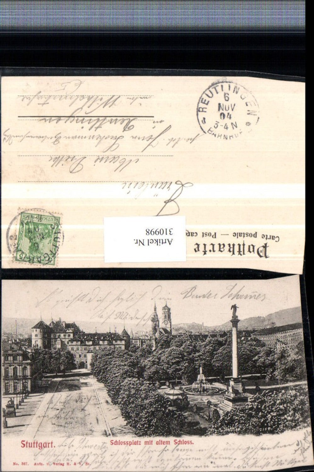 310998,Stuttgart Schlossplatz m. Altem Schloss Säule Brunnen