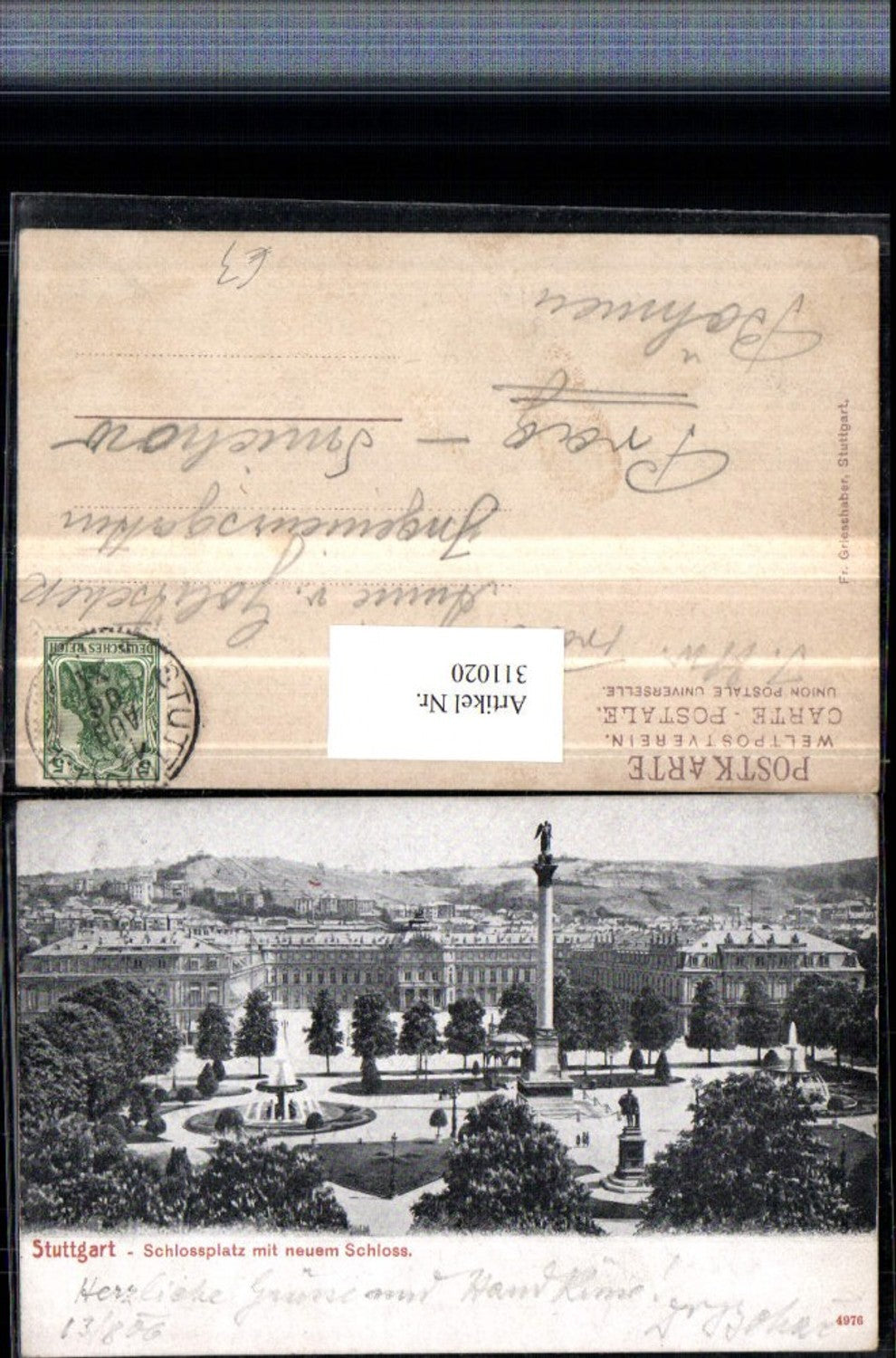 311020,Stuttgart Schlosslatz m. Neuem Schloss Säule Brunnen Denkmal