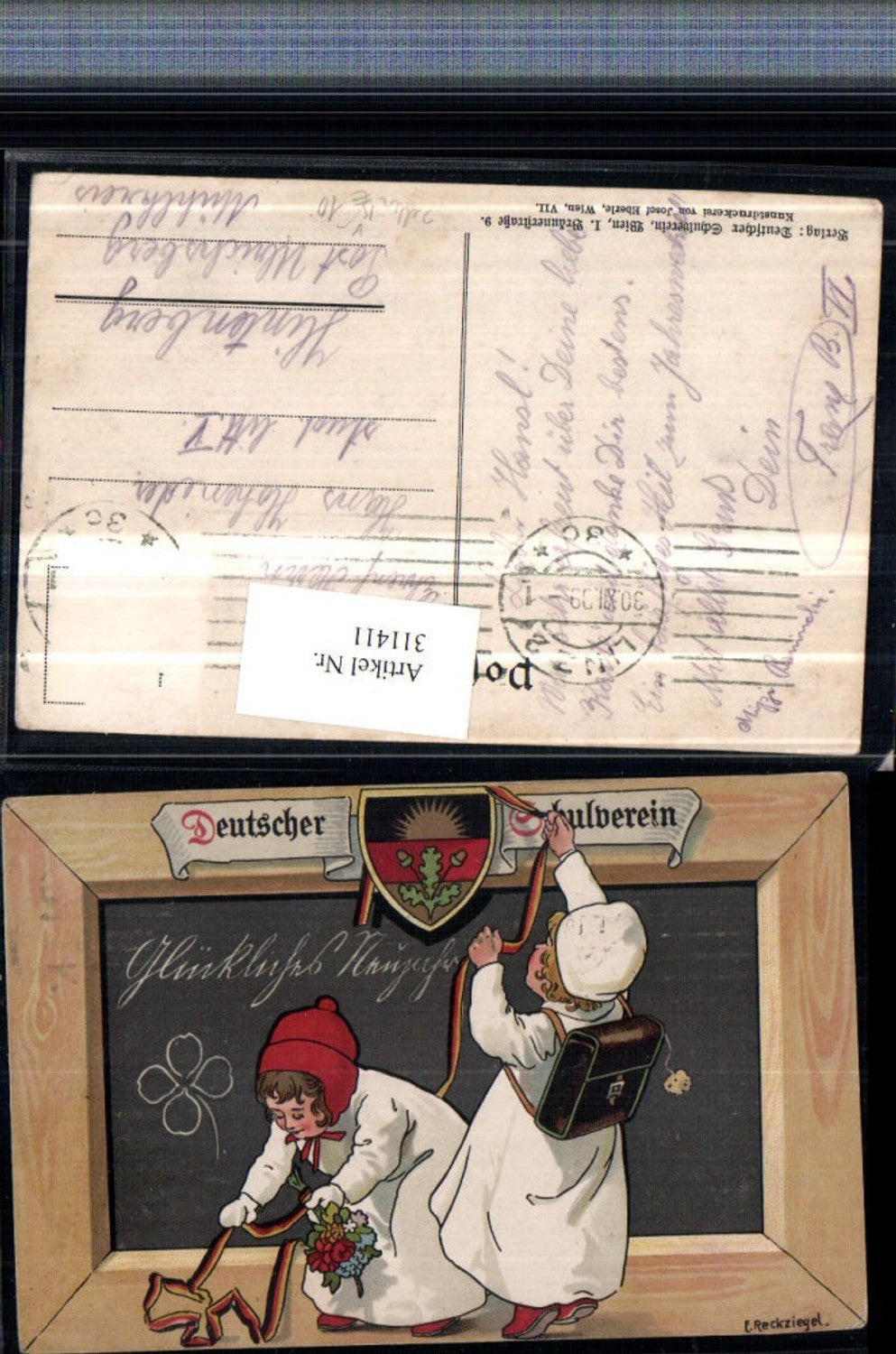 311411,Selten Deutscher Schulverein Künstler E. Reckziegel Neujahr Schultafel Kinder Schultasche