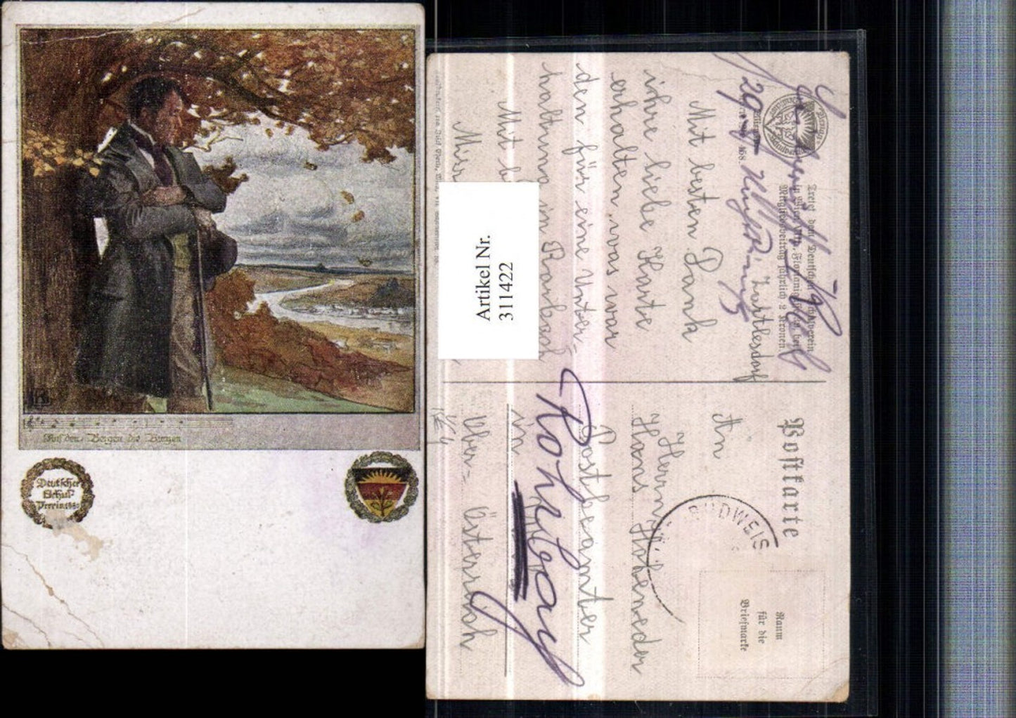311422,Deutscher Schulverein 458 Künstlerkarte Mann m. Mantel Hut Stock Liedzeile