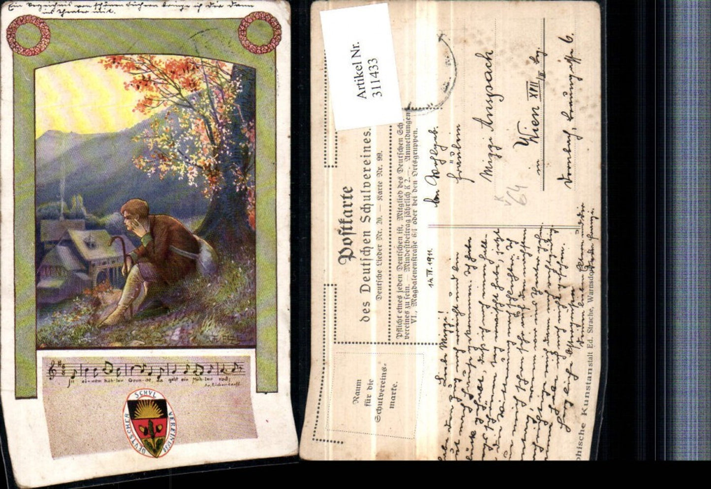 311433,Deutscher Schulverein 99/20 Liedkarte Künstler T. Welzl Mann m. Rucksack Stock Liedzeile