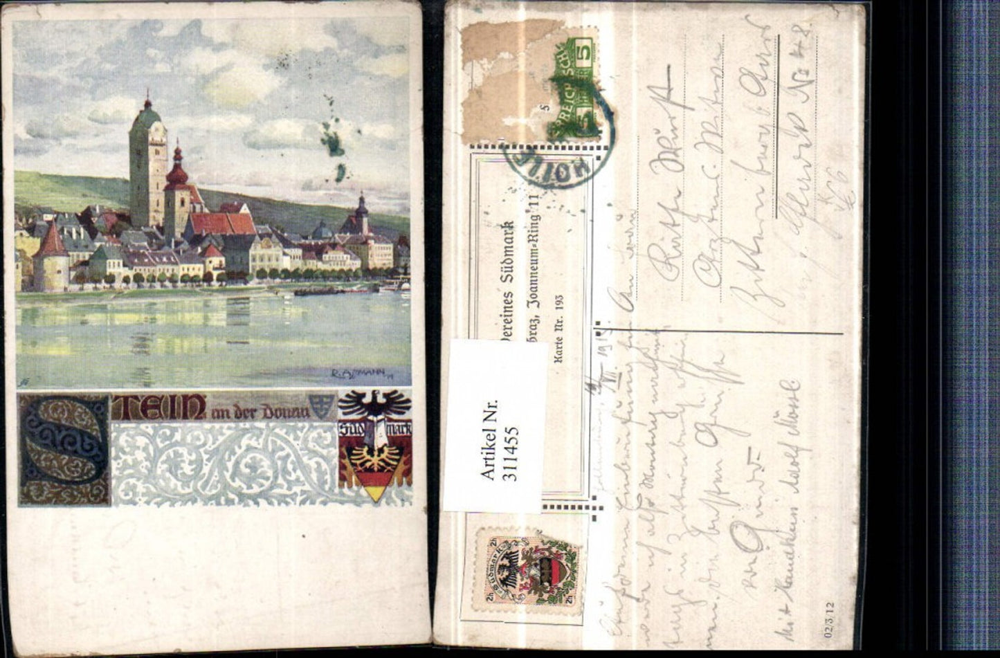 311455,Verein Südmark 193 Künstler R. Assman Stein an d. Donau Teilansicht Kirche Turm