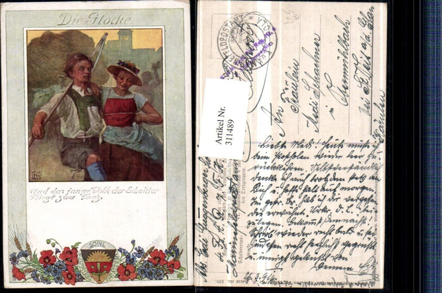 311489, German School Association 199 Artist card The Bell Lovers Harvest Sickle Hat