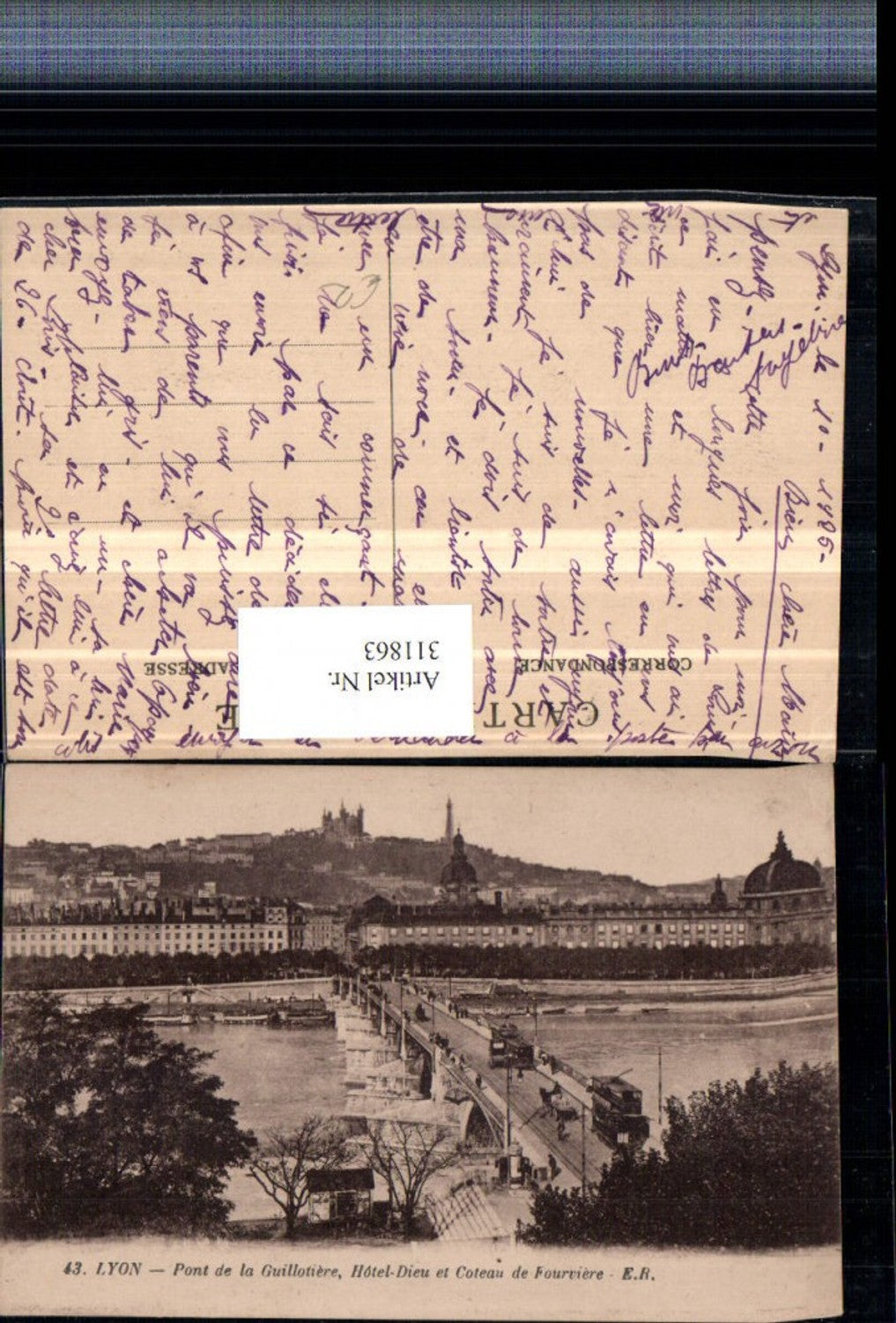 311863,Lyon Pont de la Guillotiere Hotel Dieu et Coteau de Fourviere Teilansicht Brücke