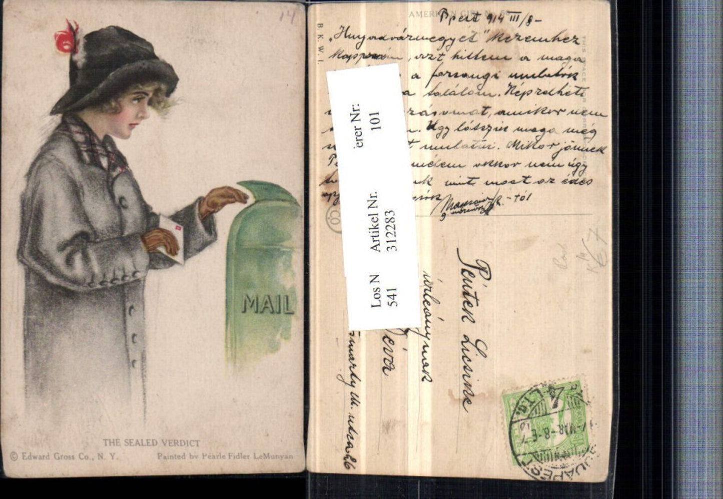 312283,Künstler AK Pearle Fidler LeMunyan Frau Hut Briefkasten Brief Postwesen pub B.K.W.I
