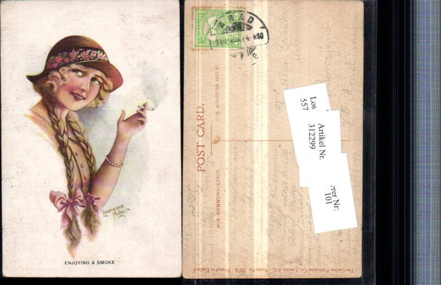312299,Künstler AK Laurence Miller Frau raucht Zigarette Hut Zöpfe Emanzipation