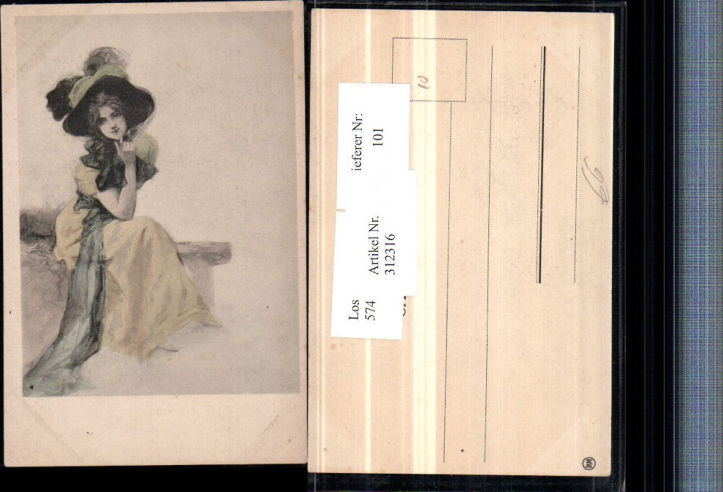 312316,Künstler AK Frau Glamour Kleid Hut Pose