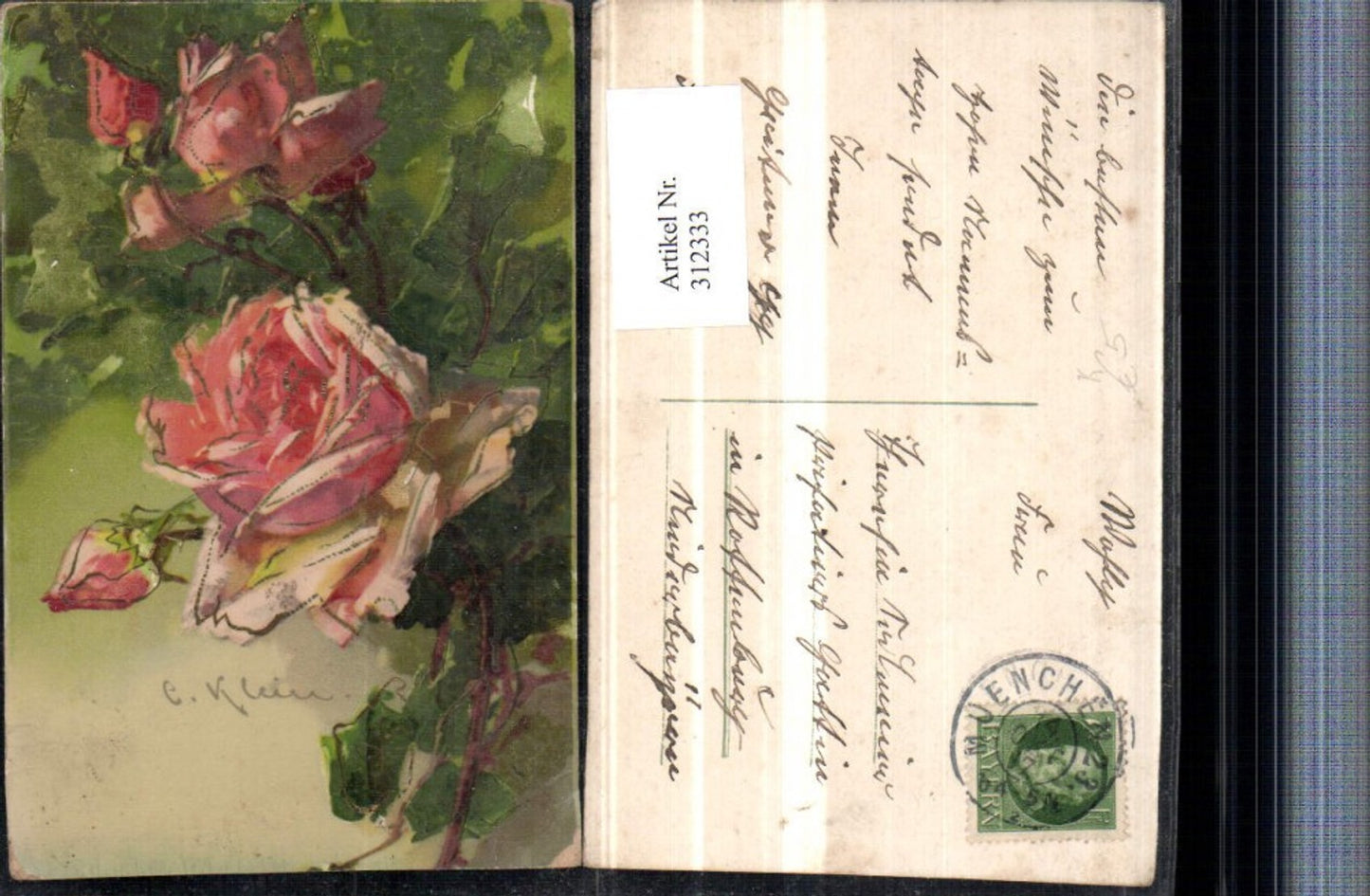 312333,Künstler AK Catharina Klein Goldverzierung Rosen Blumen