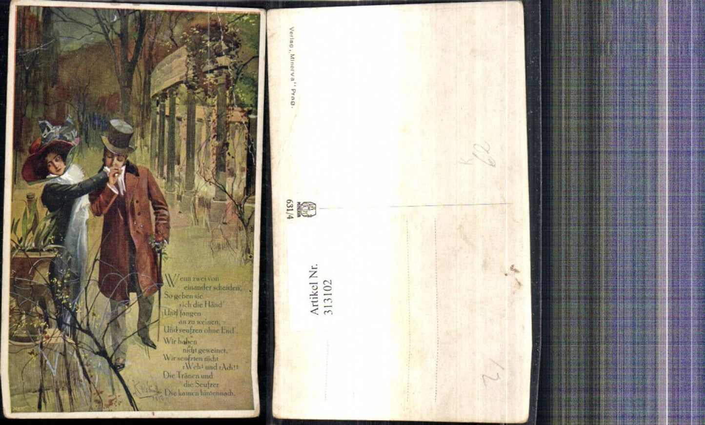 313102,Künstler Ak Liebe Paar Handkuss Hut Gehstock Spruch Text