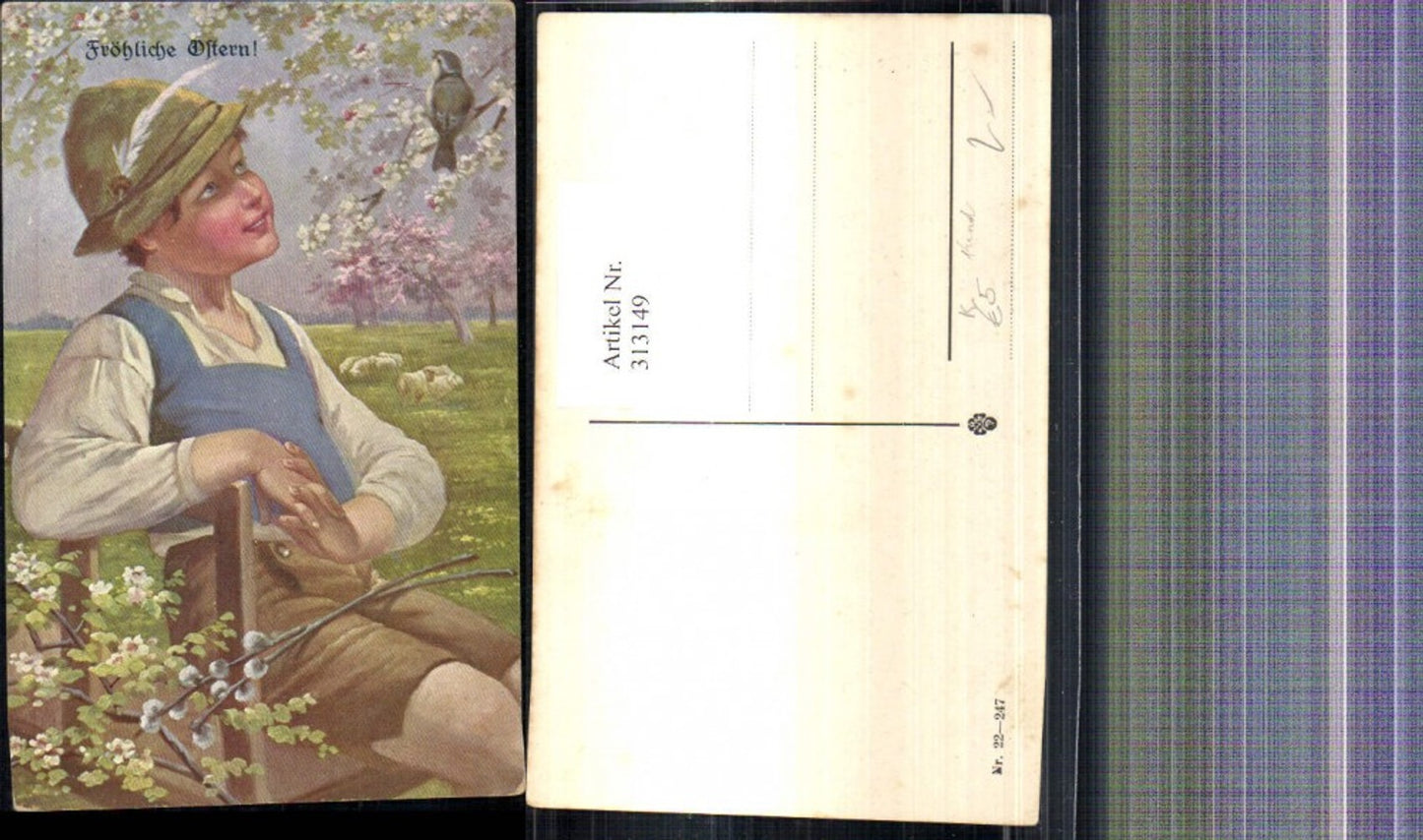 313149,Künstler Ak Kind Bub Junge i. Tracht Hut Vogel Ostern