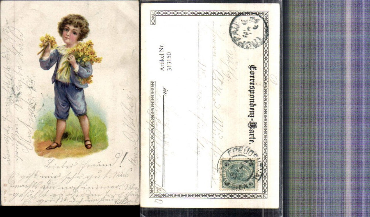 313150,Künstler Ak Kind Bub Junge i. Anzug Blumenstrauß Blumen