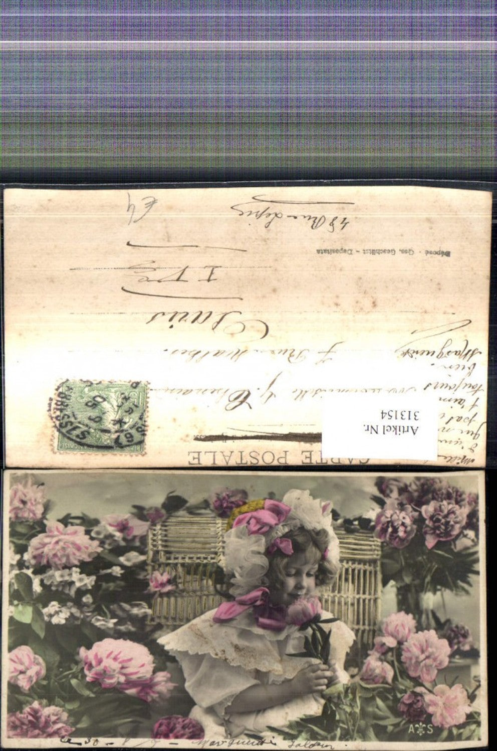 313154, Child girl with ruffled dress, bonnet, and flowers