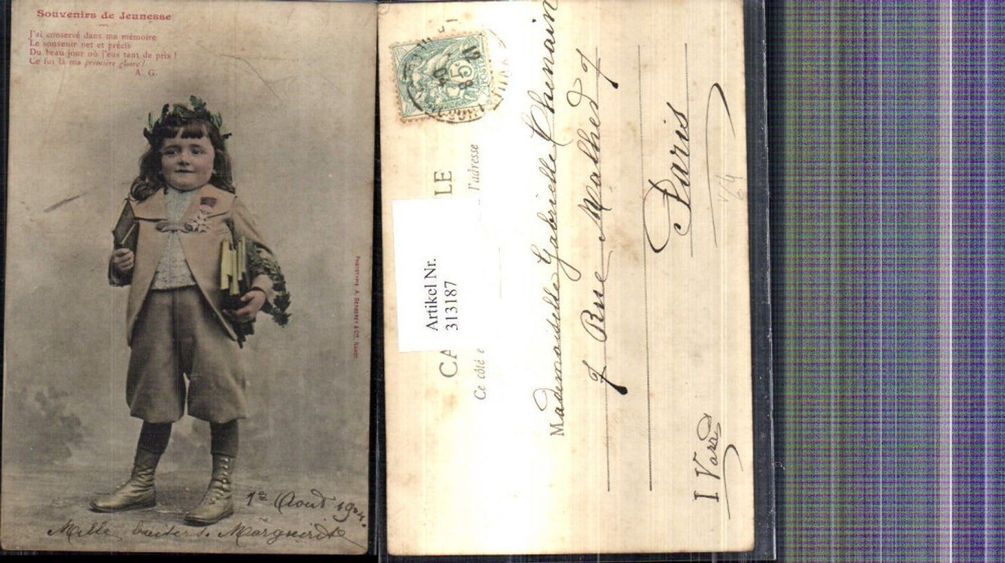 313187,Kind Uniform Orden m. Bücher i. Hand Souvenirs de Jeunesse Text pub A. Bergeret