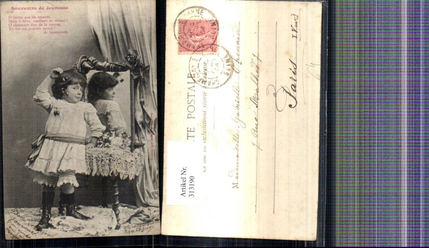 313190,Kind Mädchen i. Kleid v. Spiegel Kirschen i. Hand Souvenirs de Jeunesse Text pub A. Bergeret