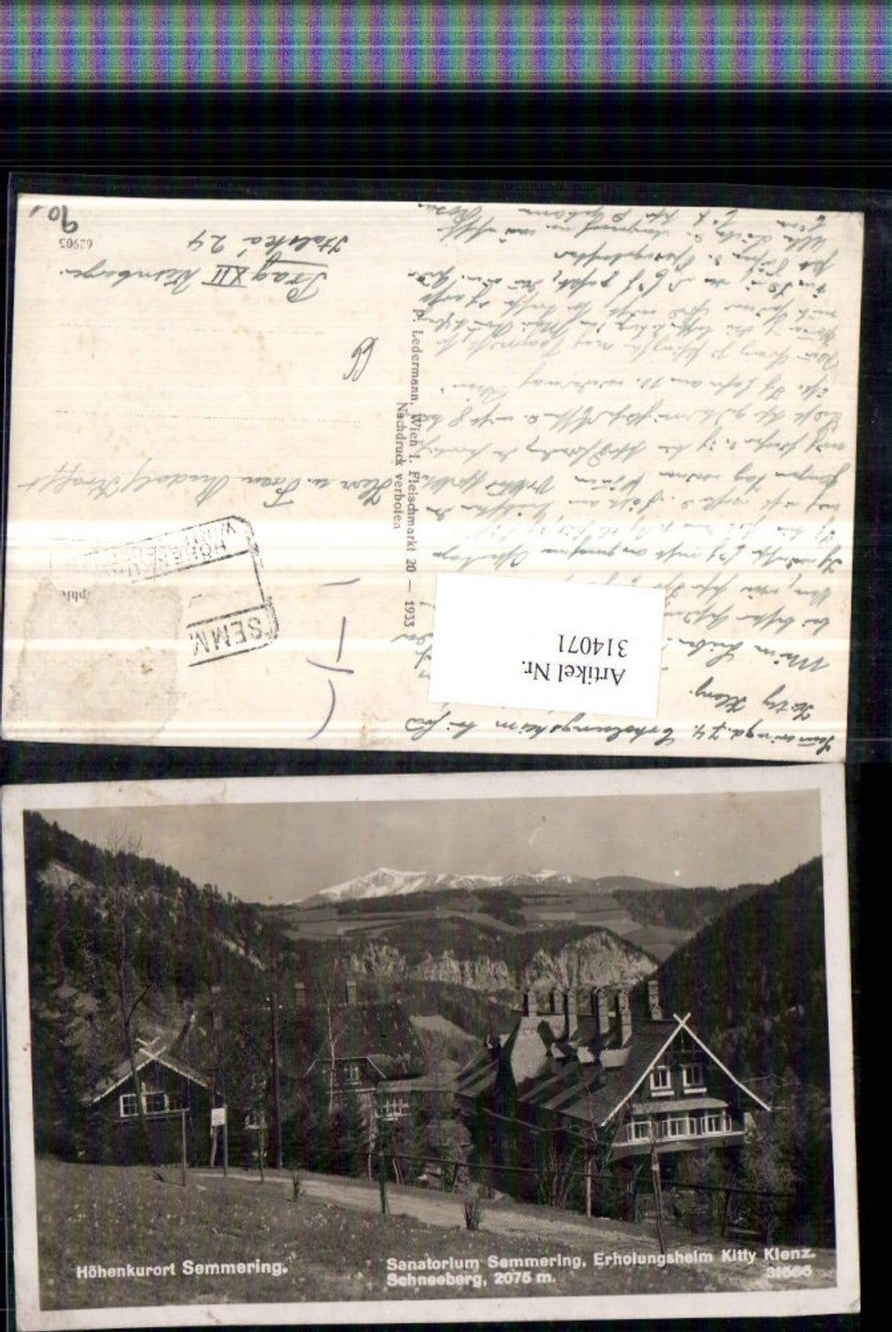 314071,Semmering Sanatorium Erholungsheim Kitty Klenz m. Schneeberg