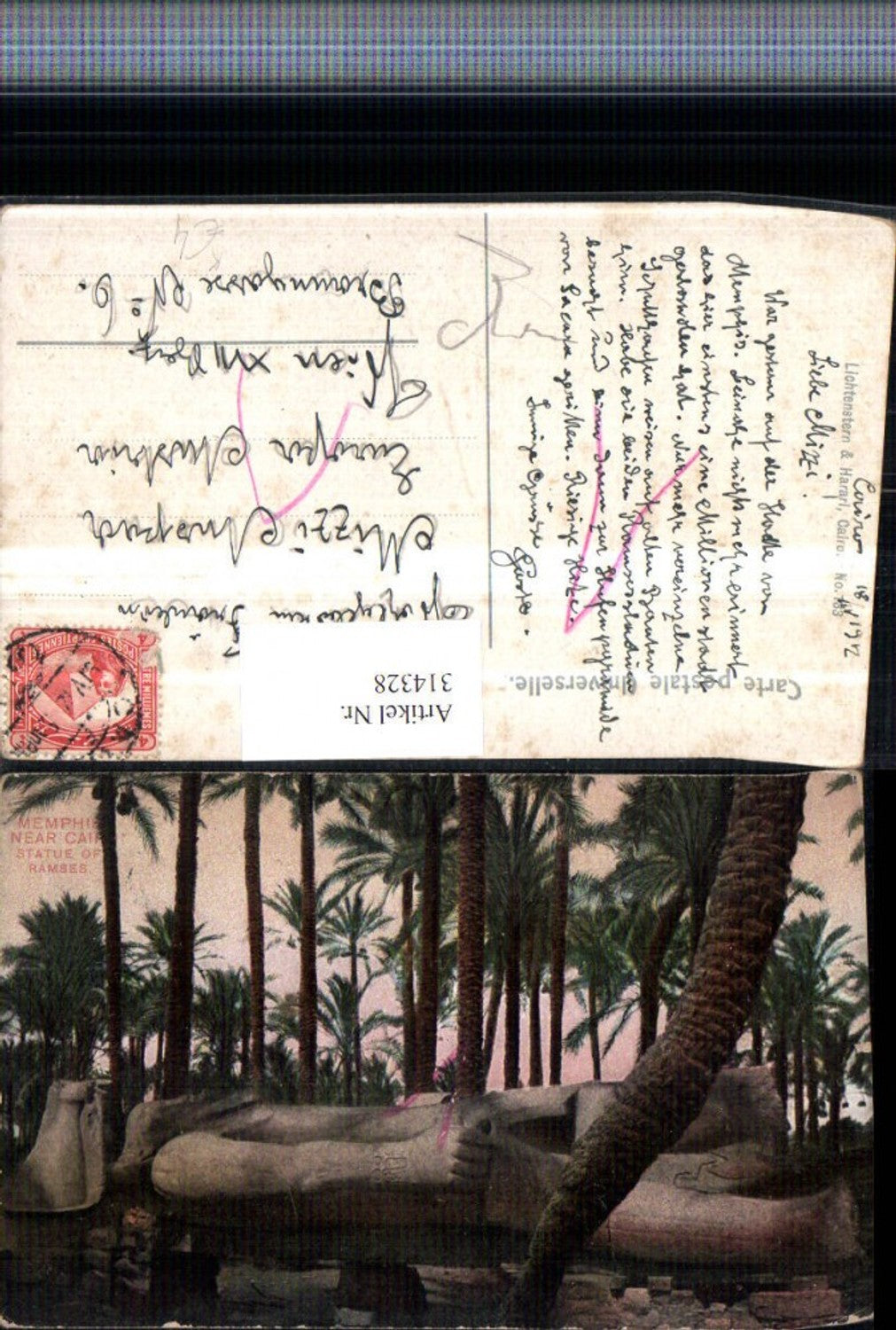 314328,Künstler AK Memphis near Cairo Statue of Ramses Palmen