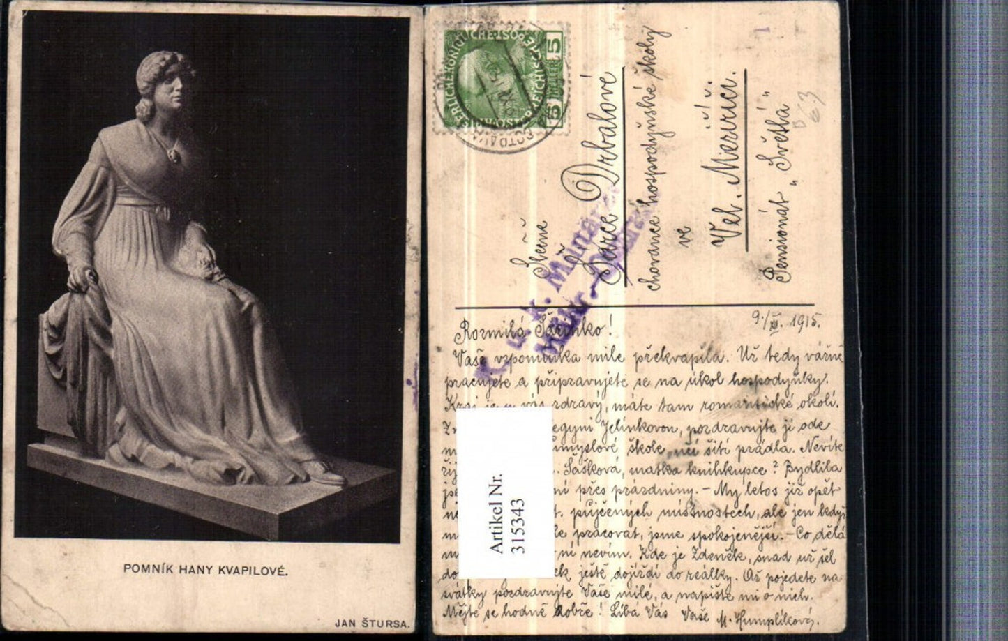 315343,Künstler AK Jan Stursa Pomnik Hany Kvapilove Frauenstatue