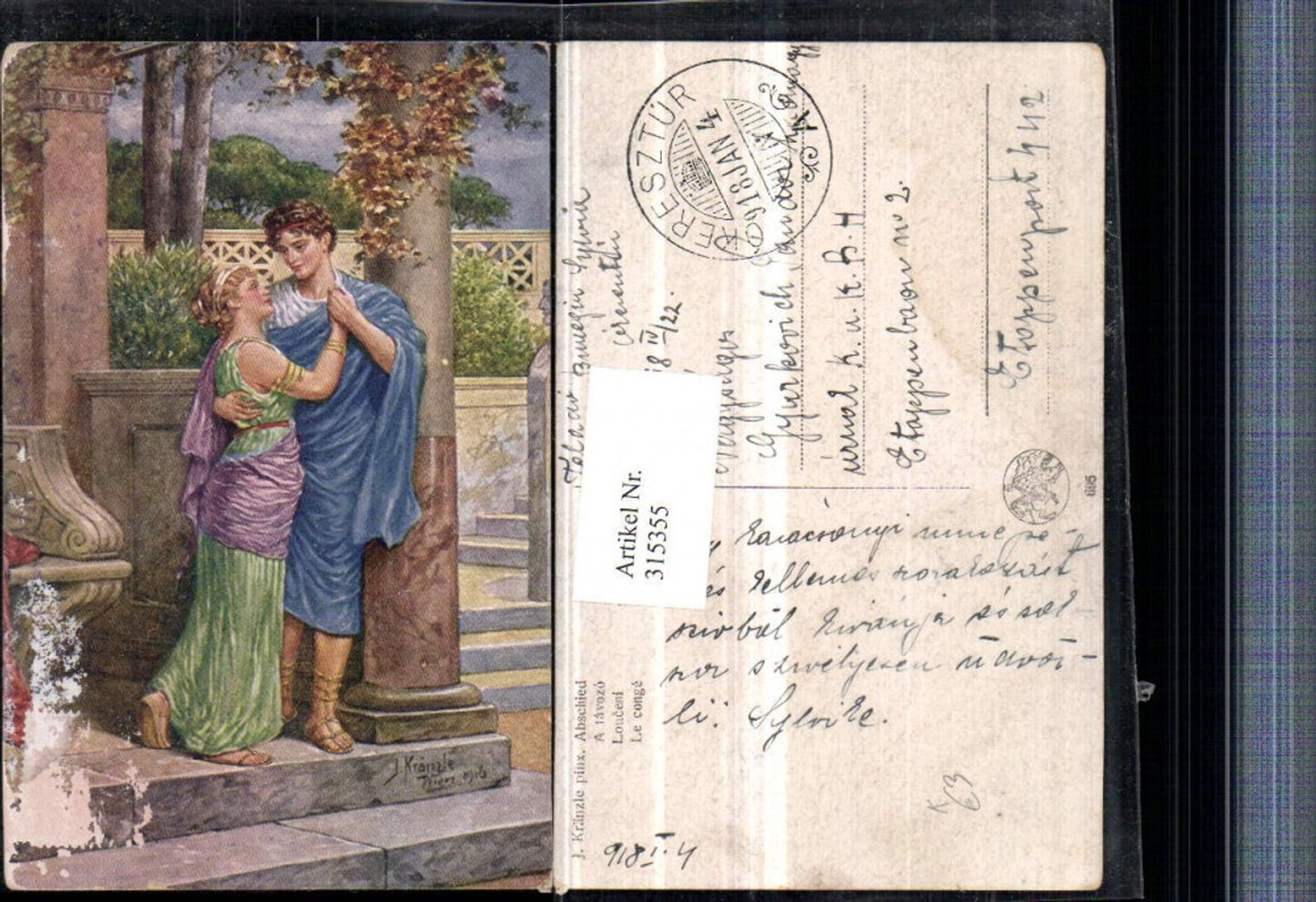 315355,Künstler AK J. Kränzle Abschied Liebespaar Paar Toga