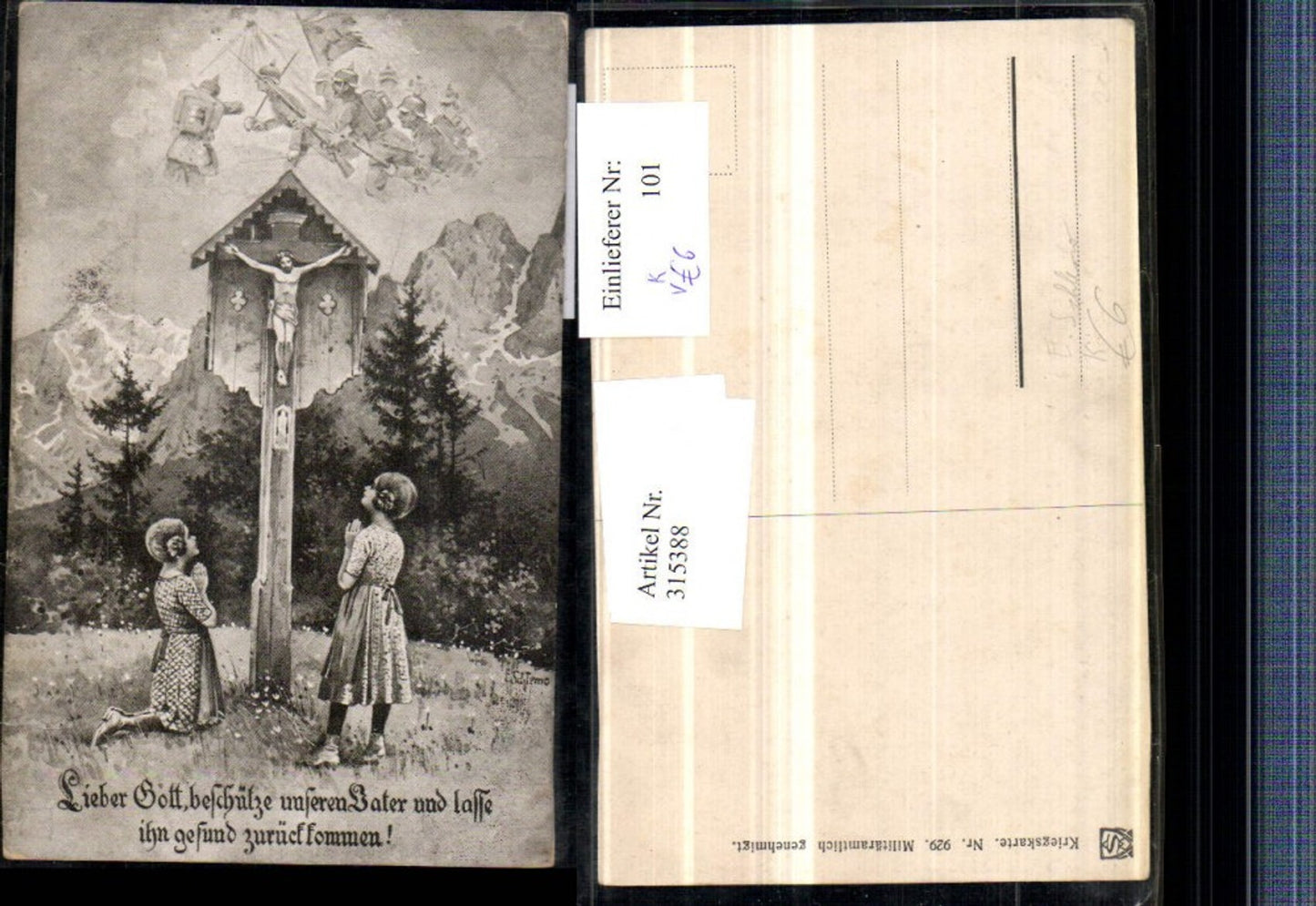315388,Künstler AK E. Schlemo Kinder b. Beten Wegkreuz Soldaten pub Kriegskarte 929