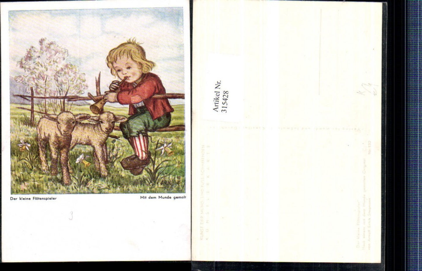 315428, Artist AK Arnulf Erich Stegmann, mouth-painted, The Little Flute Player, Child, Flute, Lambs
